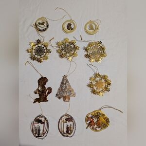 12 vtg  brass Christmas tree ornaments with hangers.